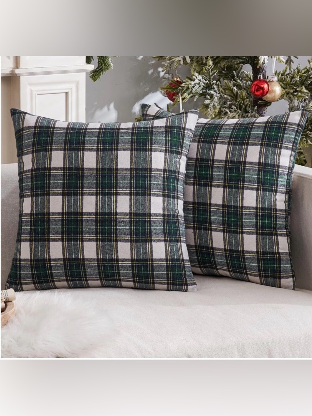 SCOTTISH PLAID Euro Shams LARGE 26x26” (2-Pack) GREEN WHITE